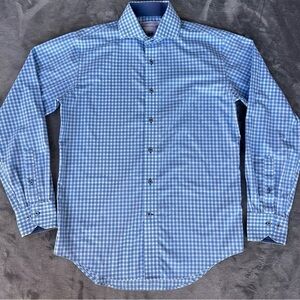 Lorenzo Uomo Men’s Shirt Size 34/35 Blue White Check Cotton ButtonDown Reg Fit